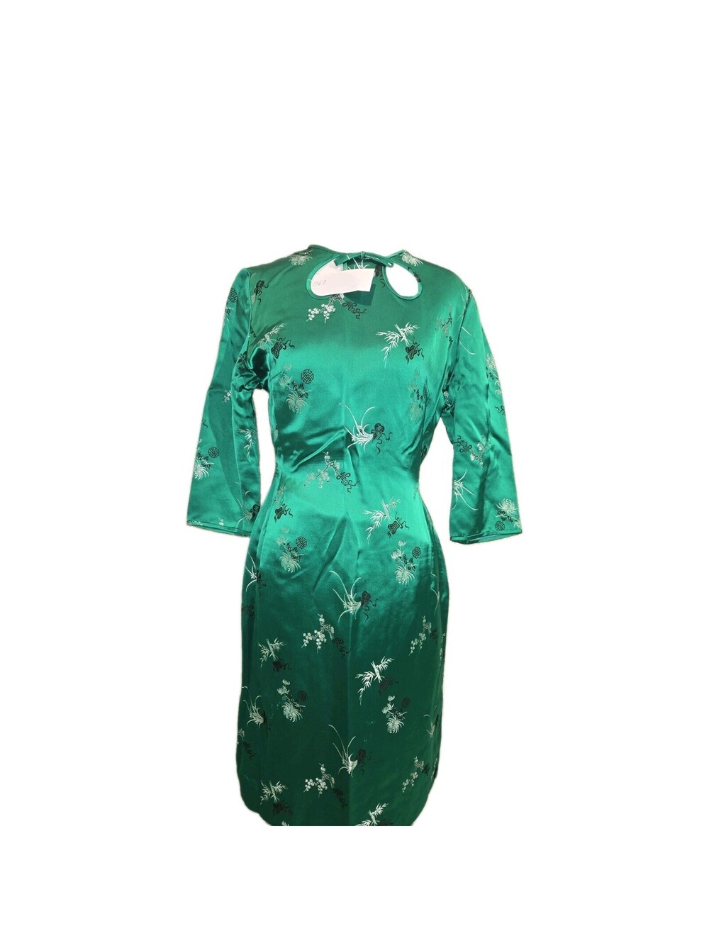 vintage silk blend dress Emerald Green Embroidered Floral Asian Inspired 90s